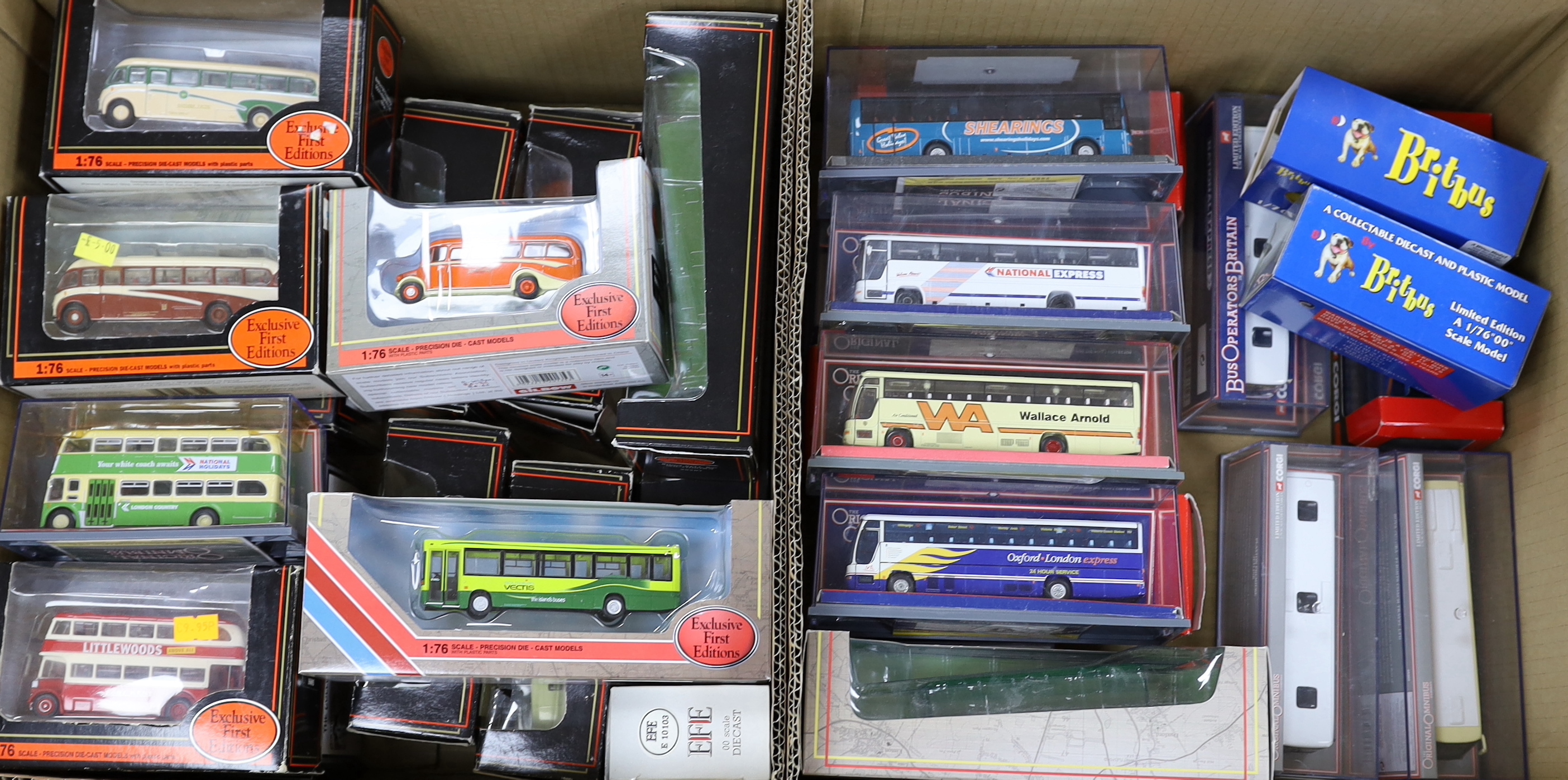Two boxes of boxed EFE, Corgi OOC and Britbus diecast buses and coaches (33)